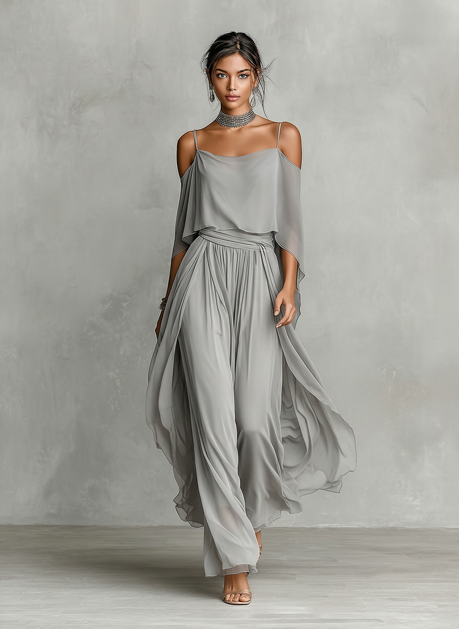 Ensemble en chiffon gris pour femmes avec détails d'épaule dénudée et silhouette évasée, ensemble de style féminin-moderne luxueux MDZ2651B6I