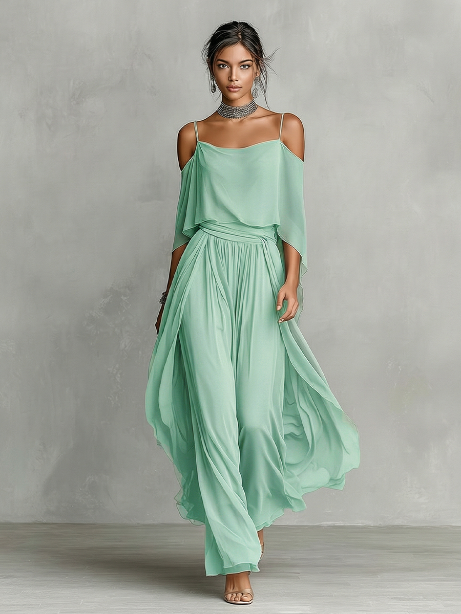 Ensemble en chiffon gris pour femmes avec détails d'épaule dénudée et silhouette évasée, ensemble de style féminin-moderne luxueux MDZ2651B6I