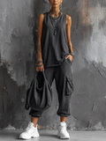 Ensemble top sans manches en gris foncé en tissu de coton mélangé + pantalons jogger avec poches MDZ2365D7GMJ
