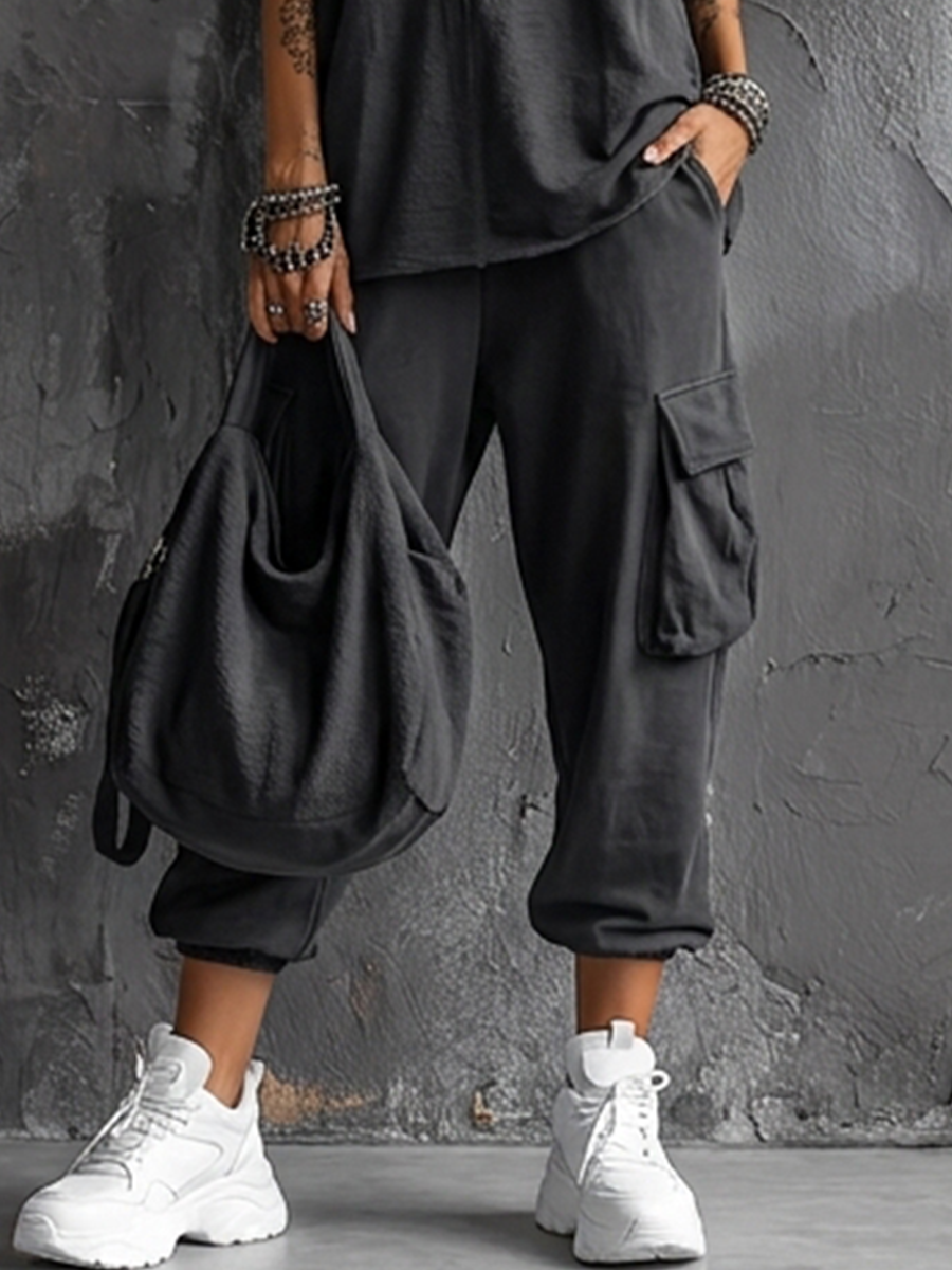 Ensemble top sans manches en gris foncé en tissu de coton mélangé + pantalons jogger avec poches MDZ2365D7GMJ
