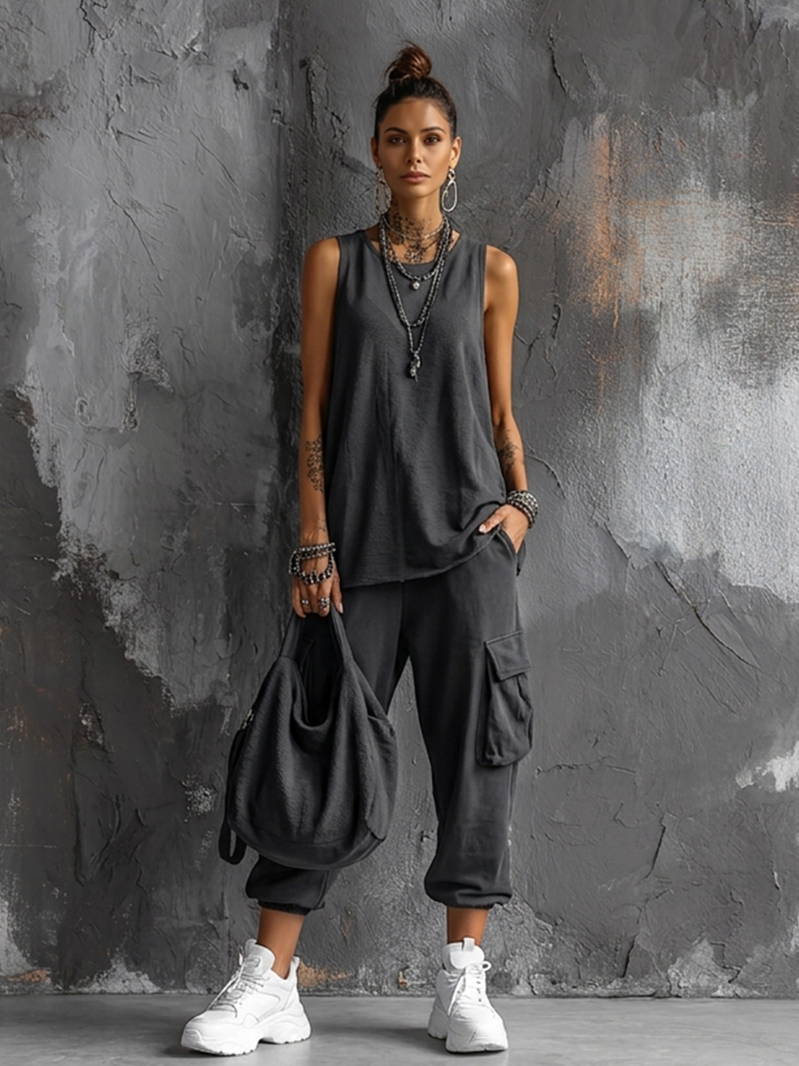 Ensemble top sans manches en gris foncé en tissu de coton mélangé + pantalons jogger avec poches MDZ2365D7GMJ