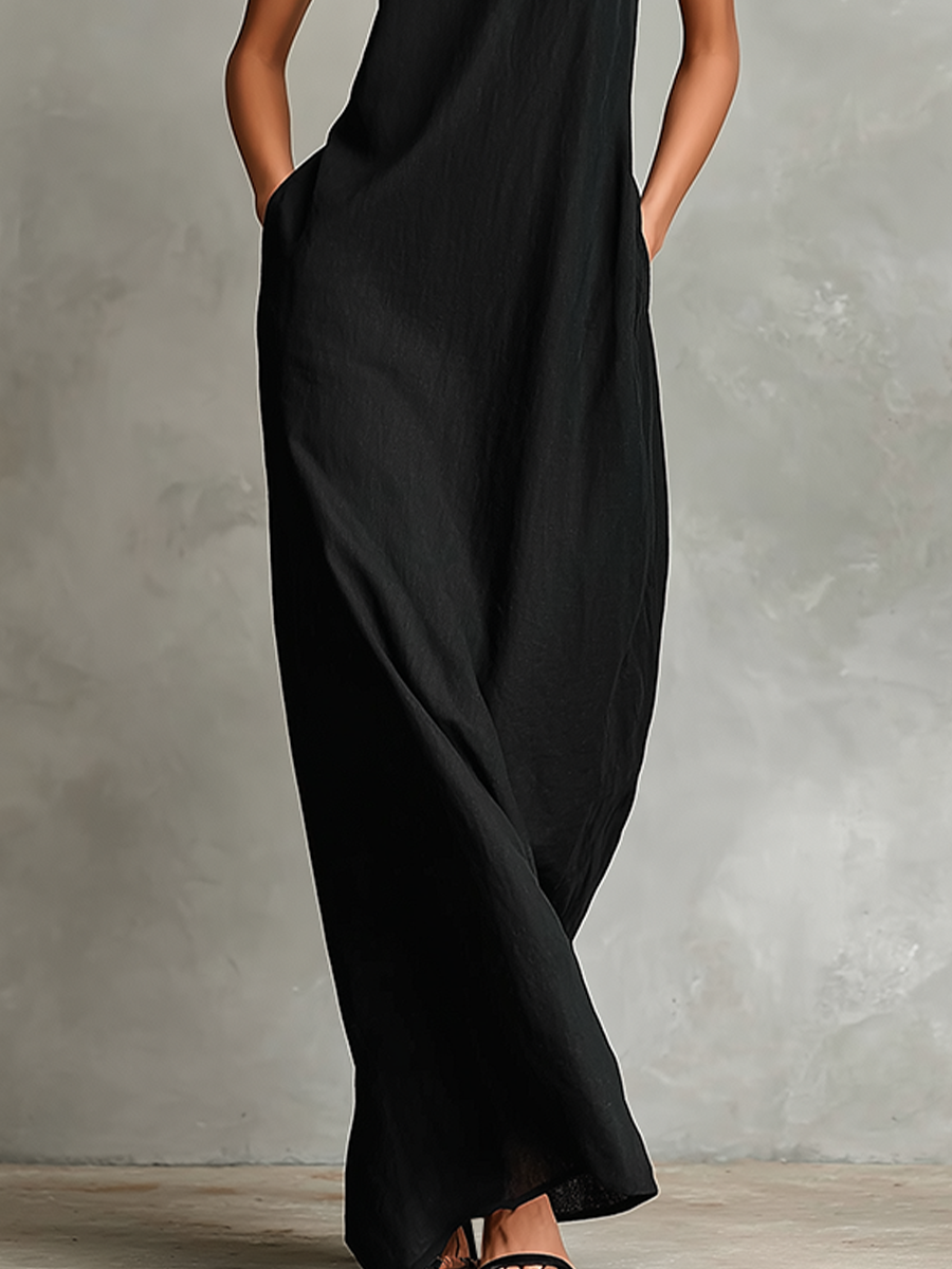 Robe maxi pour femmes en noir avec col haut et poches latérales, robe minimaliste classique MDZ2597D7LYL