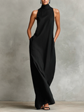 Robe maxi pour femmes en noir avec col haut et poches latérales, robe minimaliste classique MDZ2597D7LYL