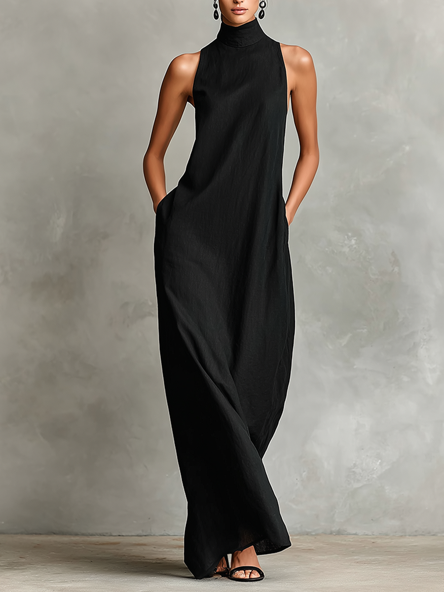 Robe maxi pour femmes en noir avec col haut et poches latérales, robe minimaliste classique MDZ2597D7LYL