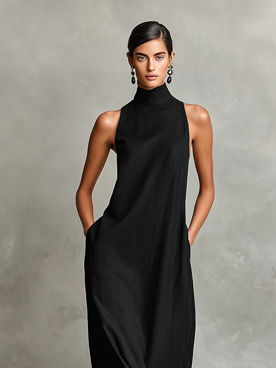 Robe maxi pour femmes en noir avec col haut et poches latérales, robe minimaliste classique MDZ2597D7LYL