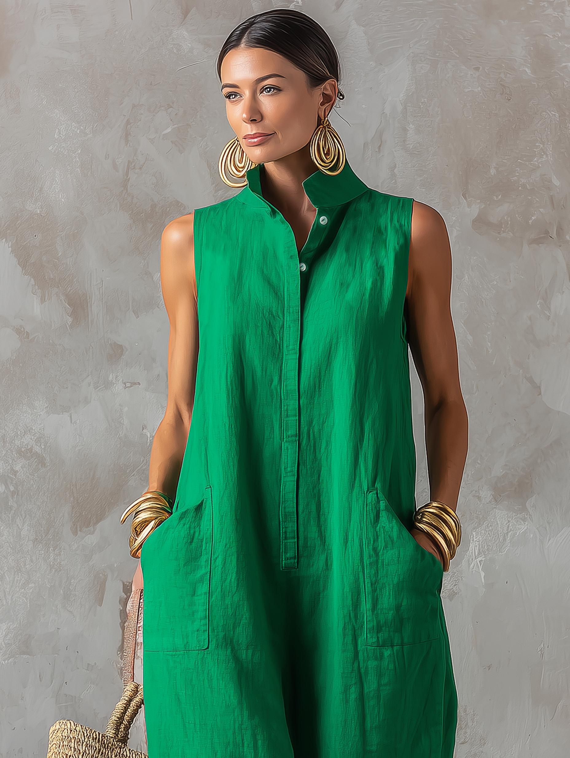Ensemble féminin minimaliste en lin léger — col montant, sans manches, fermeture unidirectionnelle MDZ2928D6Y