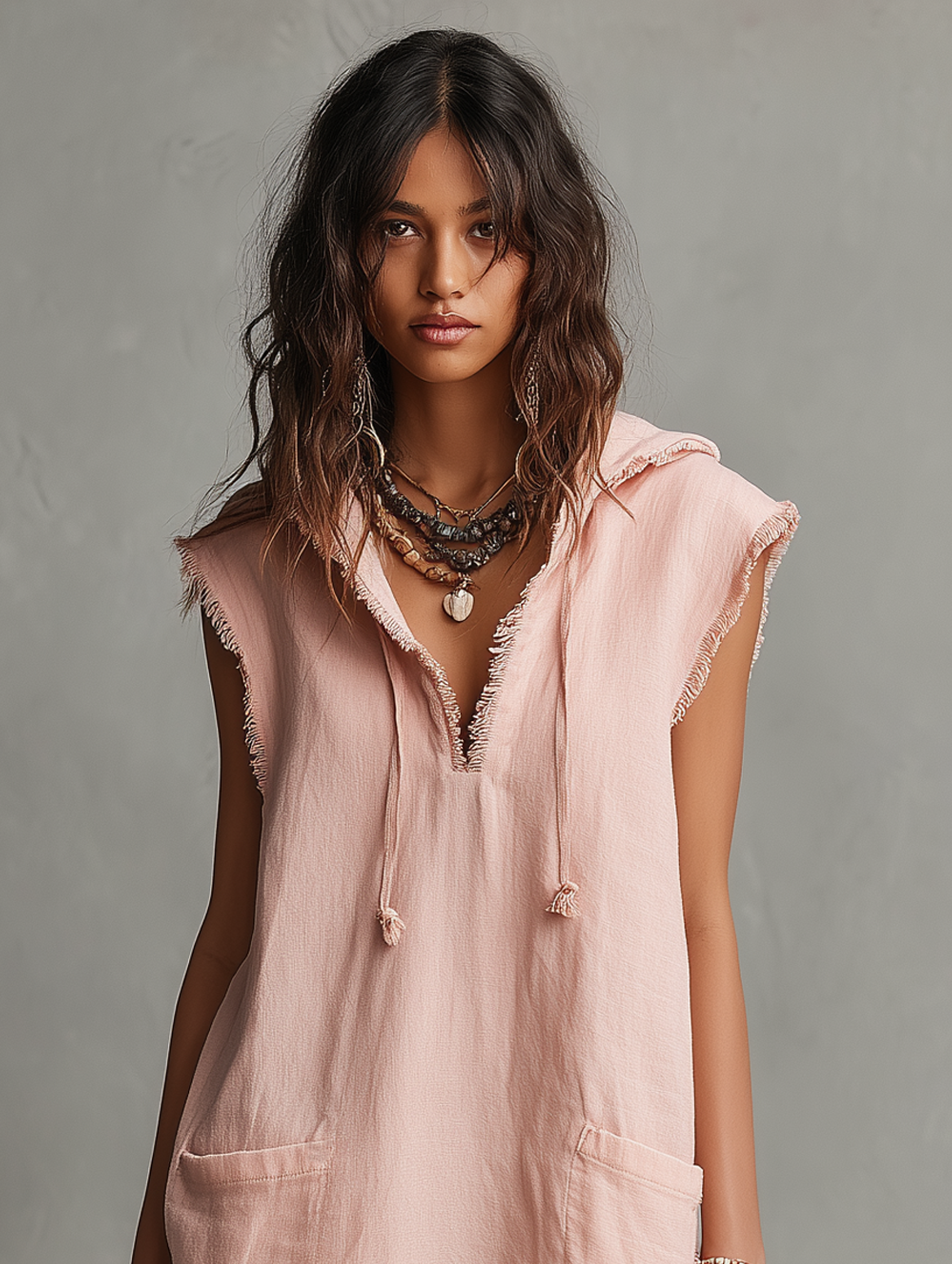 Robes mini pour femmes au style minimaliste - avec capuche, sans manches, bords roulés MDZ2961D3Y