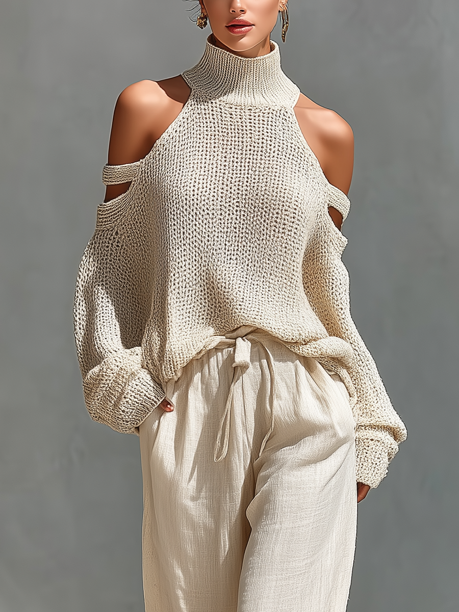 Ensemble top à col montant et épaules dénudées en tissu tricoté beige avec un pantalon large MDZ0984A5T