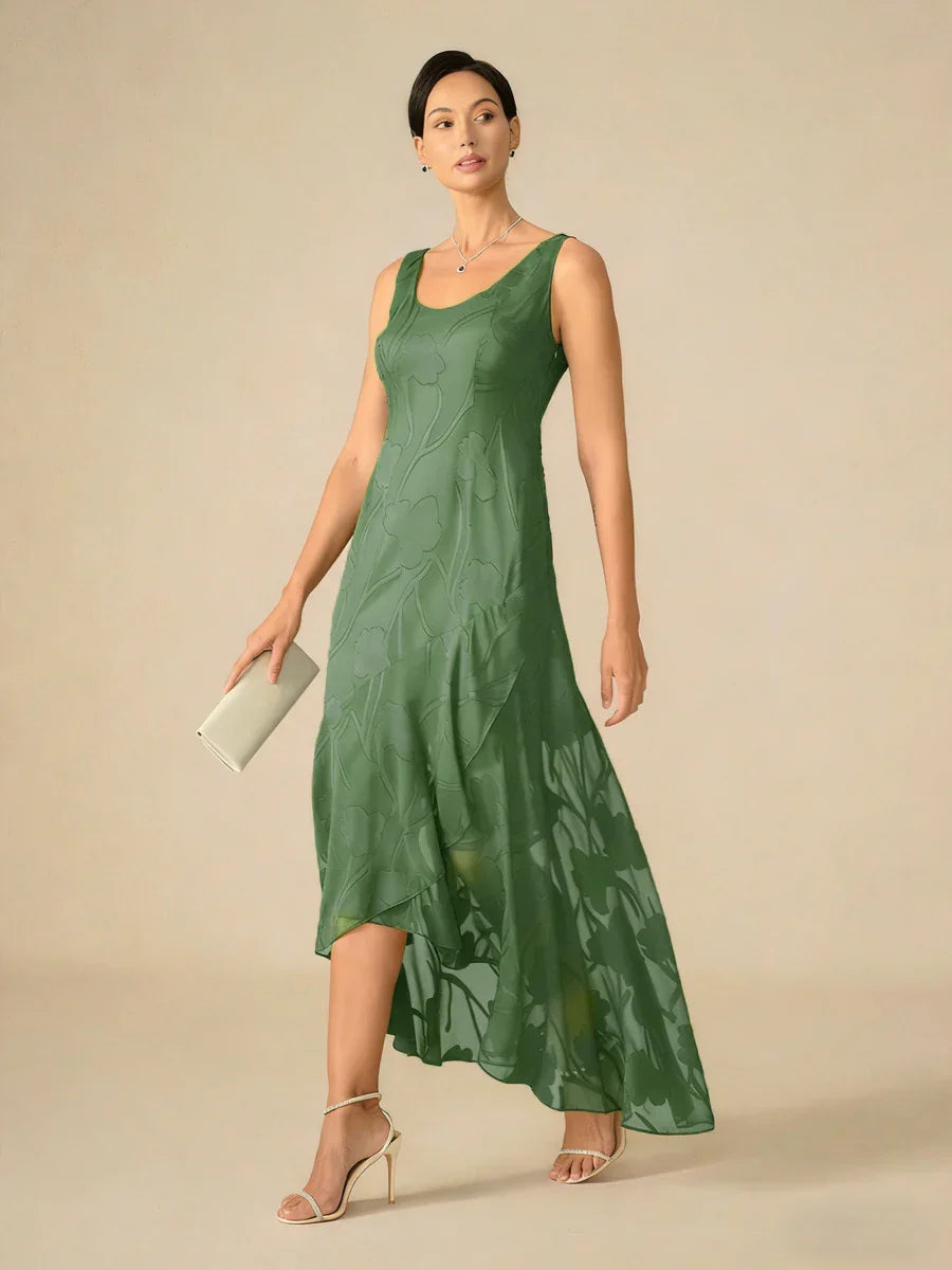 Robes de soirée sans manches en chiffon floral avec des ourlets asymétriques