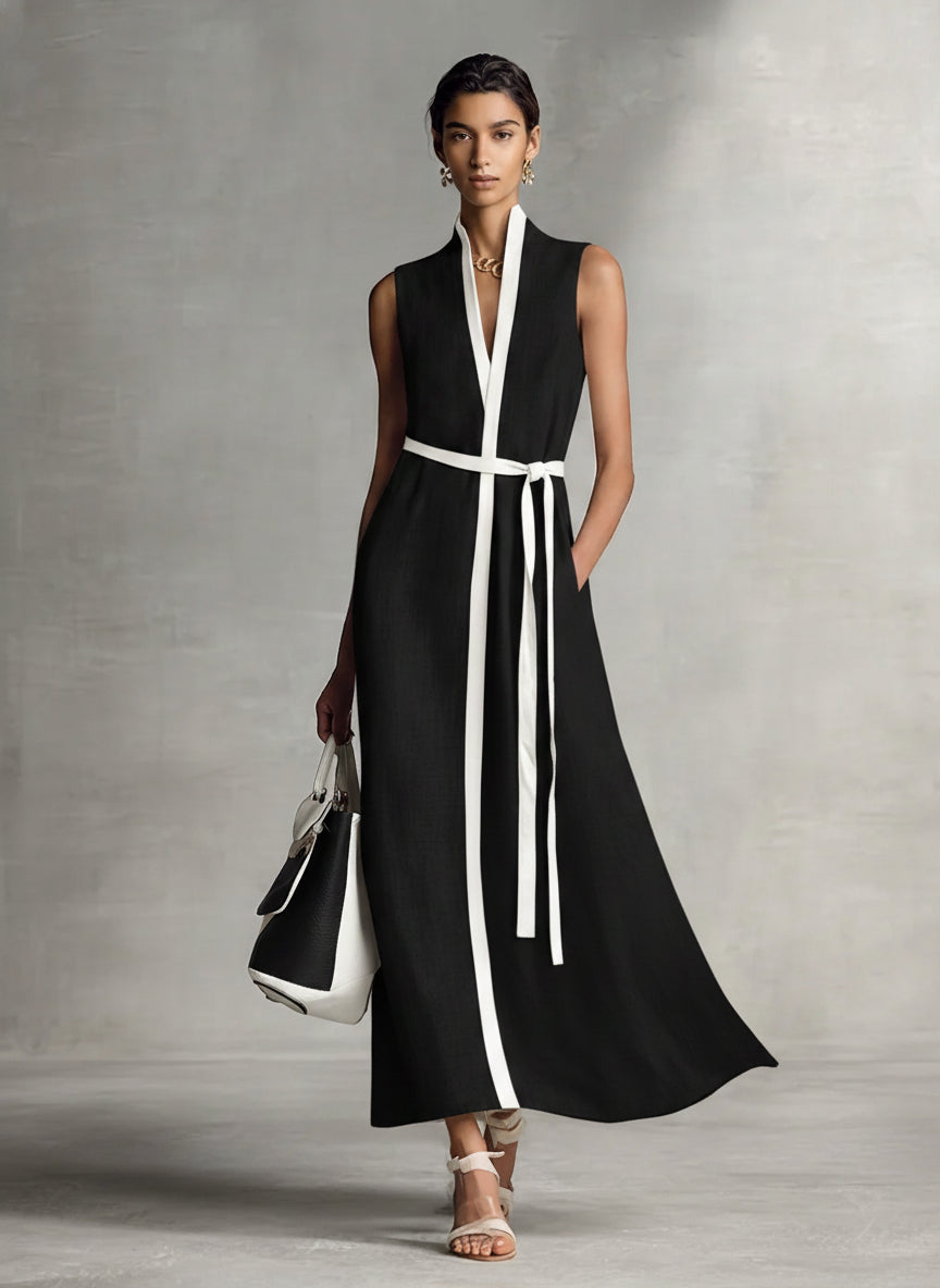 Robes maxi pour femmes avec col en V sans manches et ceinture MDZ1153B7BA