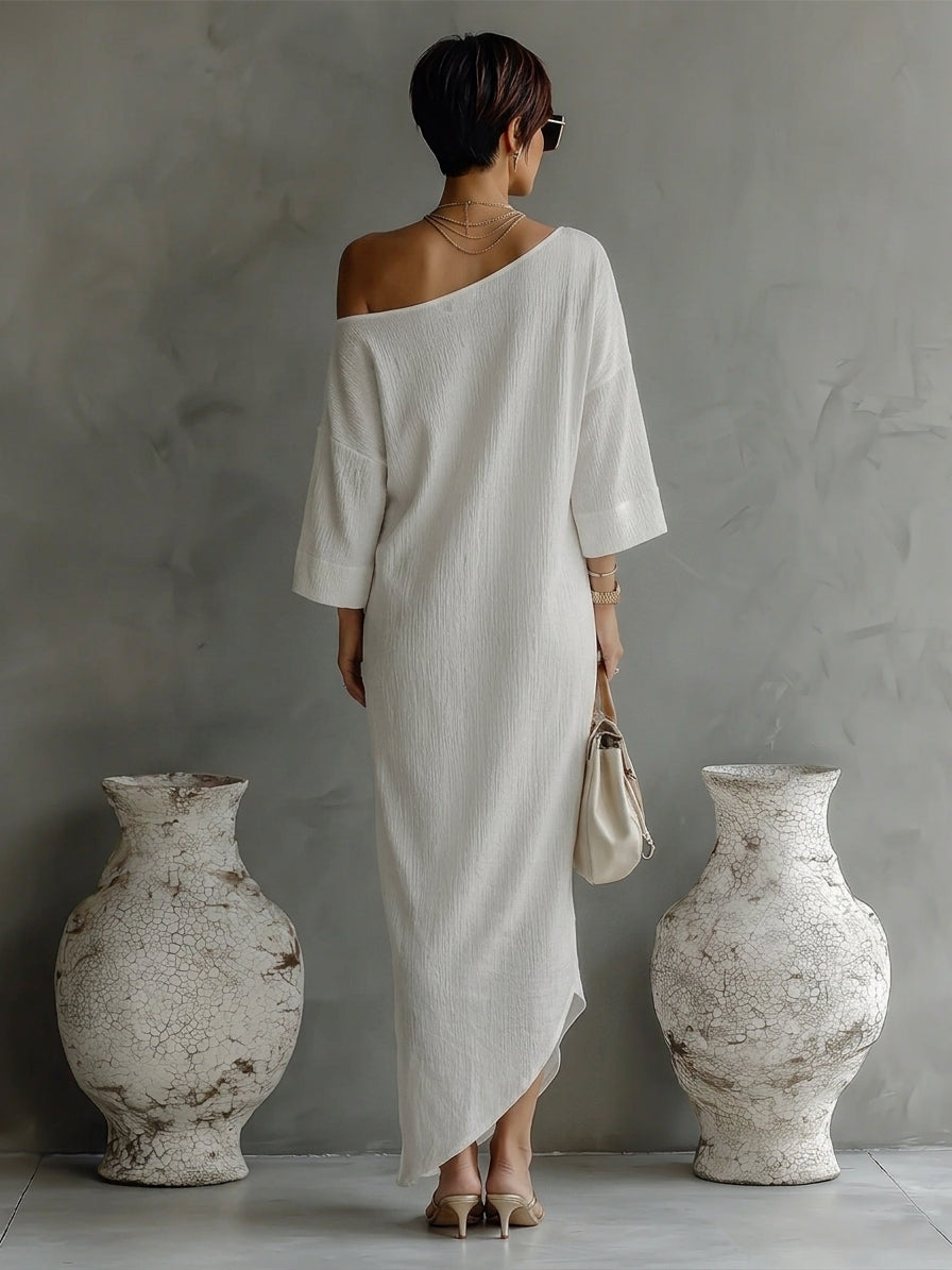 Robes de soirée féminines en couleur crème avec un mélange de coton-lin, à une épaule, fluide et élégante MDA3032K4T
