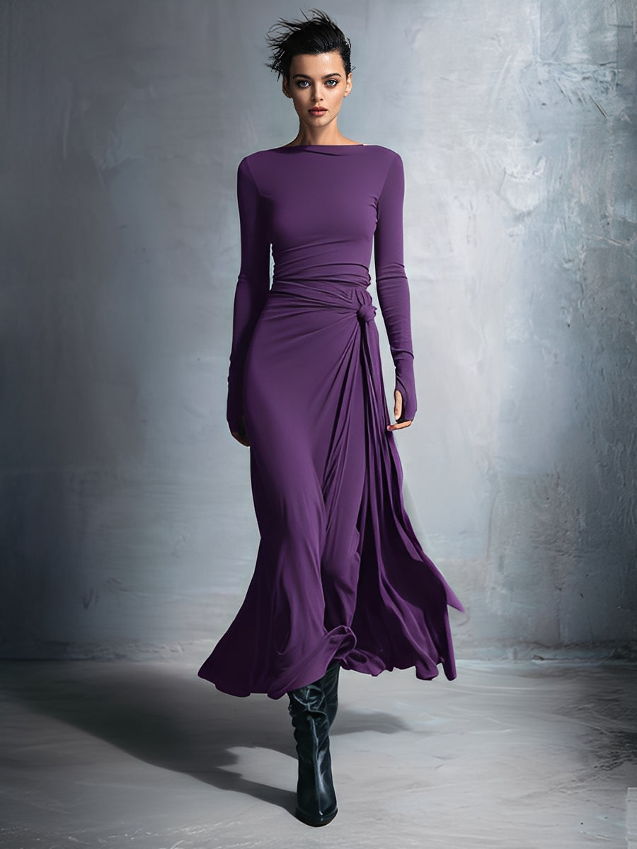 Robe maxi femme grise raffinée en tissu stretch - Robe maxi avec nœud MDA1401H9I