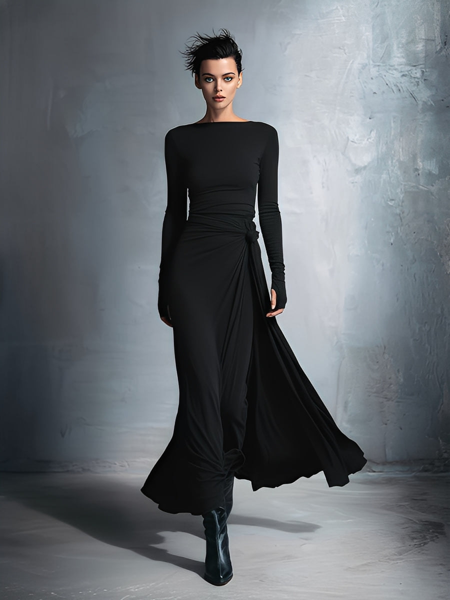 Robe maxi femme grise raffinée en tissu stretch - Robe maxi avec nœud MDA1401H9I