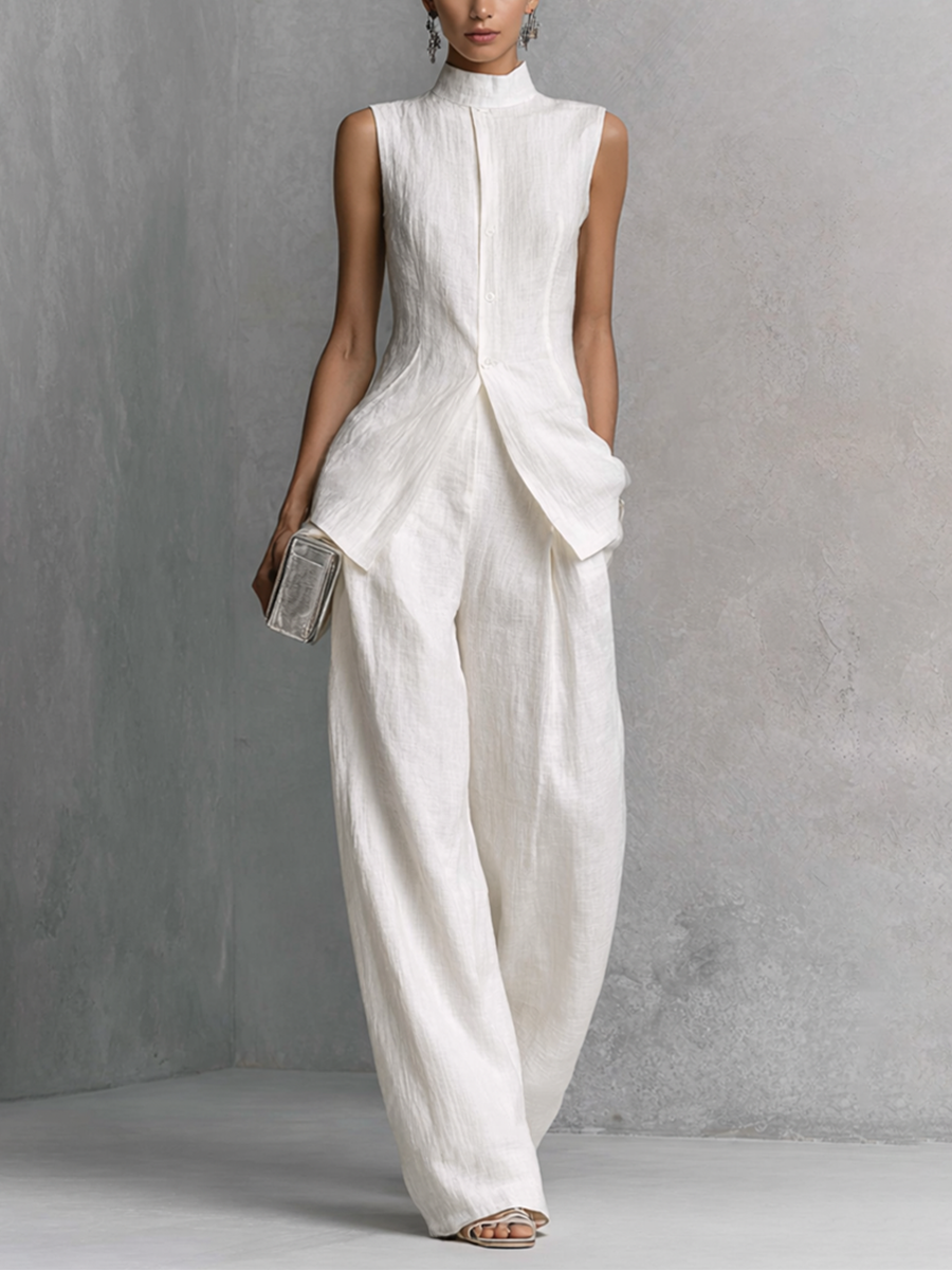 Ensemble top sans manches au look élégant en coton et lin blanc avec pantalon large MDZ0221B1BA