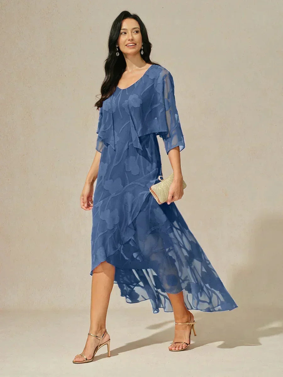 Robe de soirée sans manches en chiffon floral avec des bords asymétriques