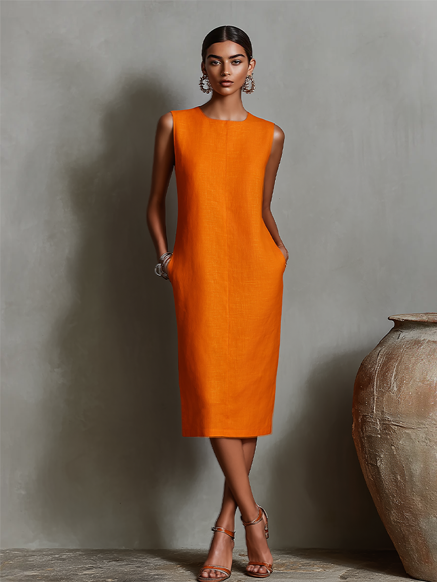 Robe en lin orange pour femmes avec col rond sans manches et poches latérales, style minimaliste-élégant intemporel MDZ2851C7I