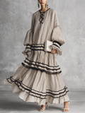 Robe maxi pour femmes avec des volants et des rayures en couleurs marron et blanc MDZ1426B2BA