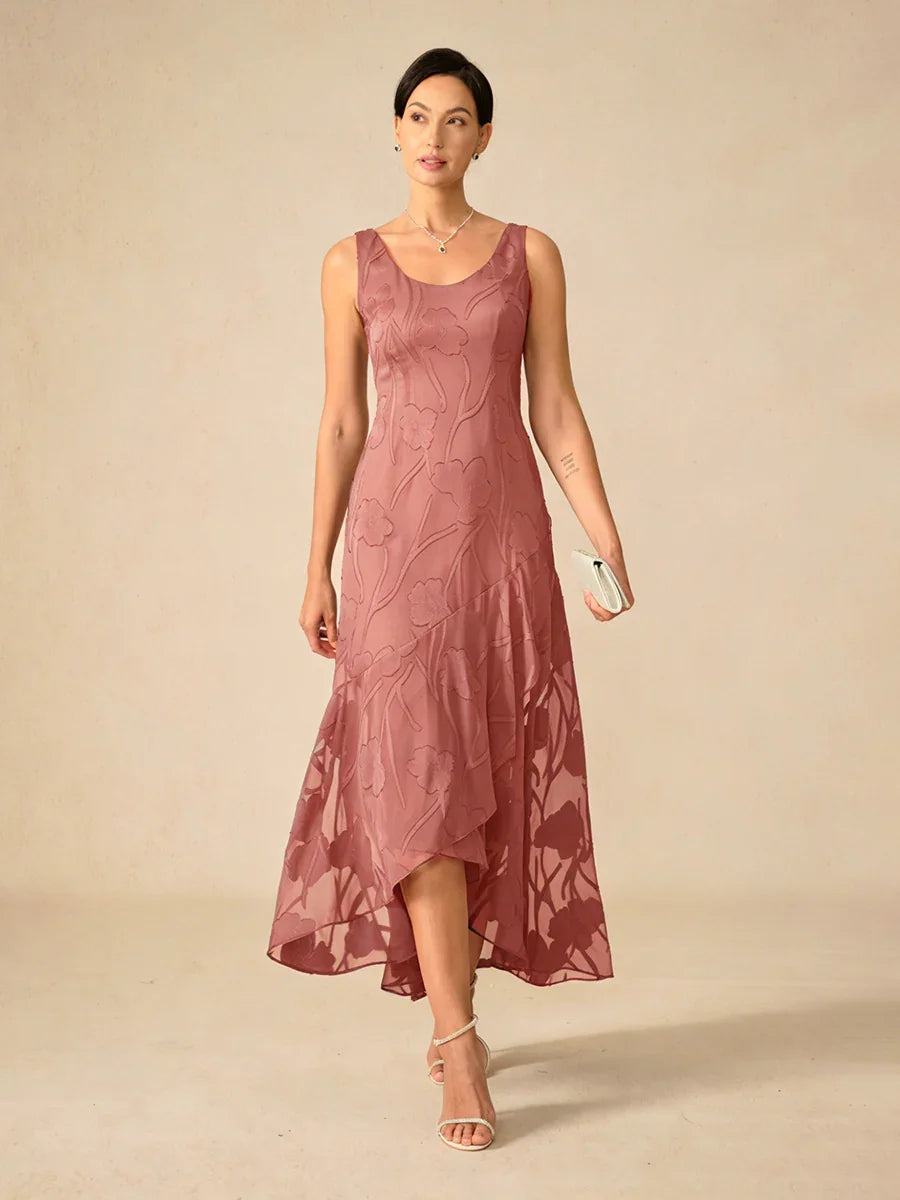 Robes de soirée sans manches en chiffon floral avec des bords asymétriques