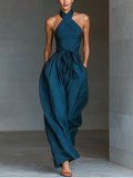Robe d'été pour femmes en lin de couleur bleu foncé avec col croisé, taille ajustable et pantalons larges MDZ0455B5T