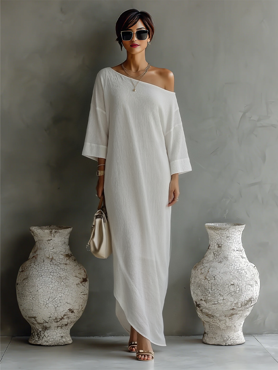 Robes de soirée féminines en couleur crème avec un mélange de coton-lin, à une épaule, fluide et élégante MDA3032K4T