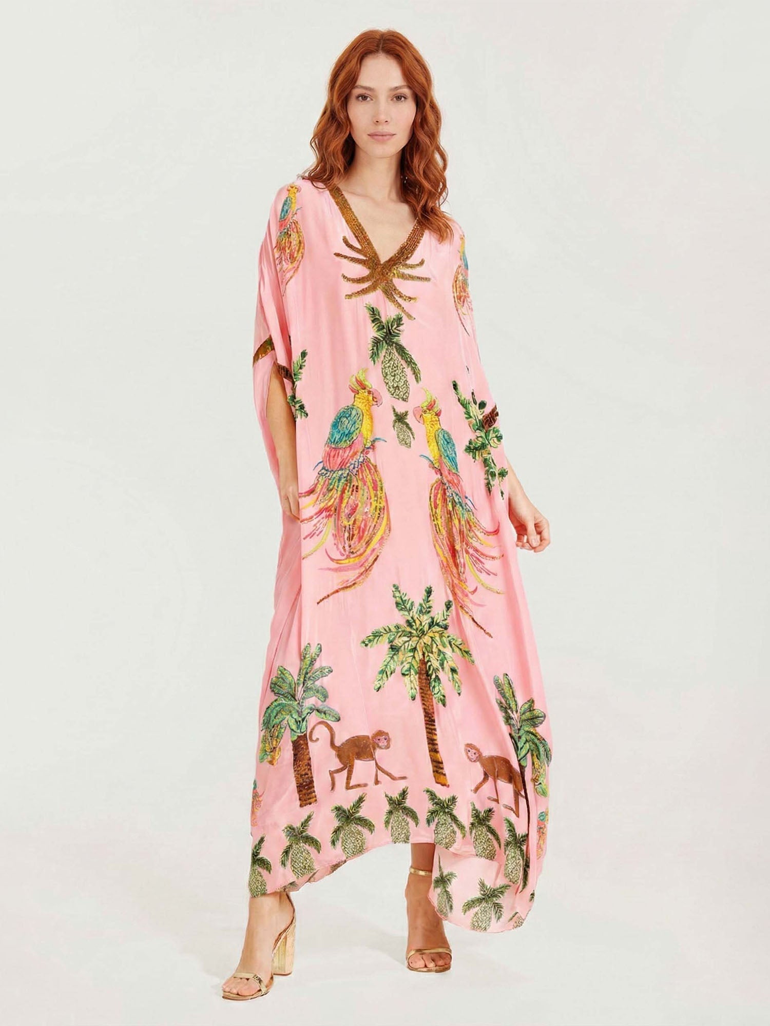 Robe maxi avec imprimé perroquet noir/rose