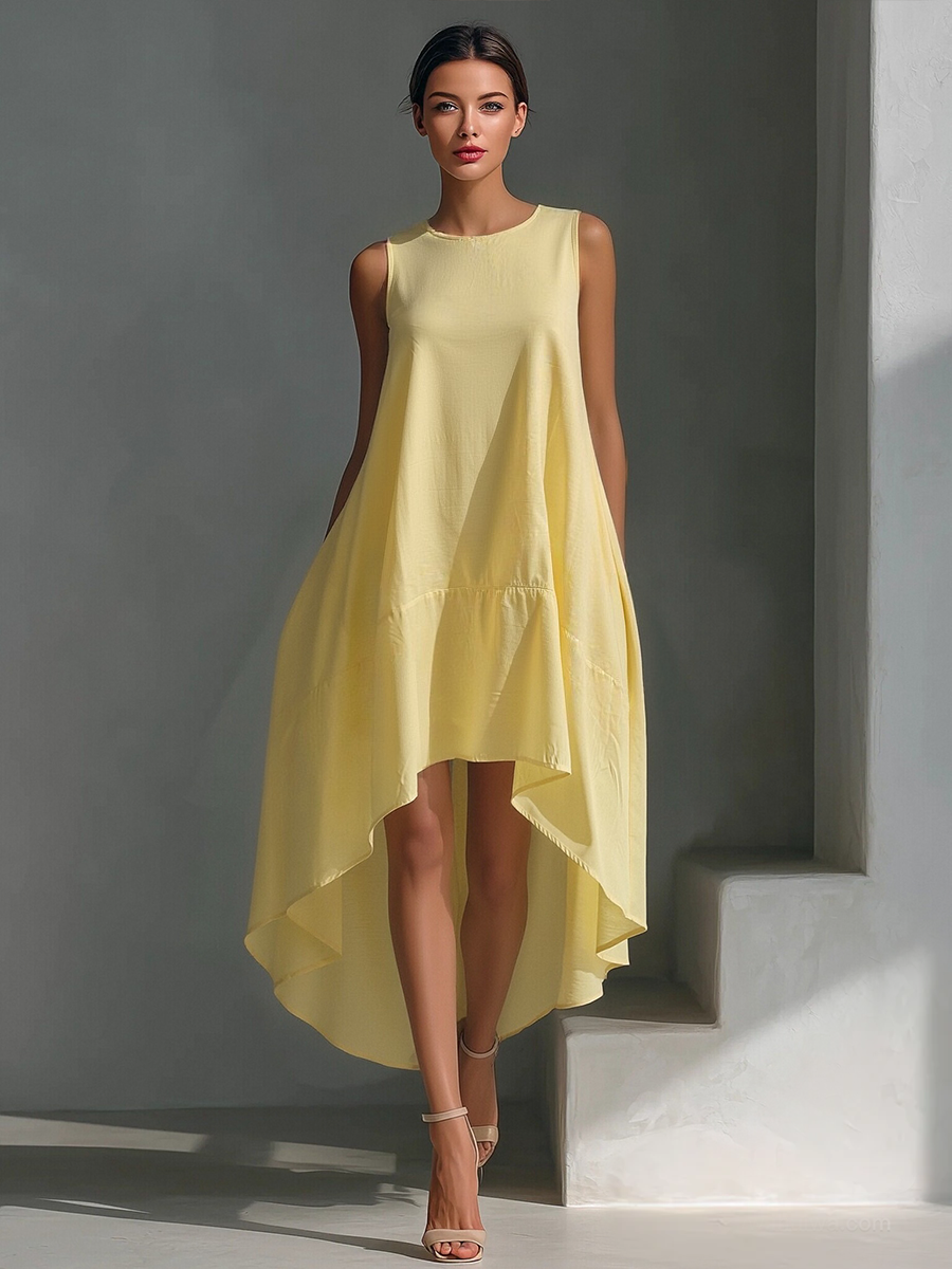 Robes midi pour femmes en lin blanc sans manches avec col rond et jupe asymétrique MDZ0987B9T