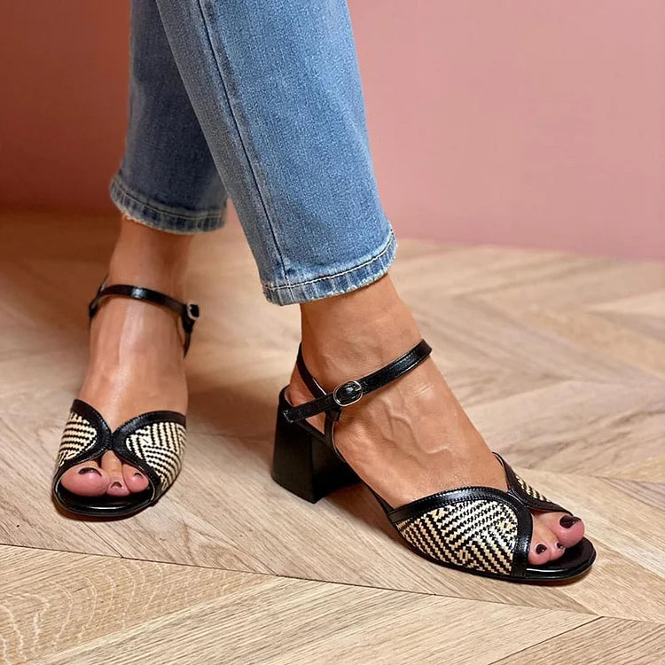 Sandales en tissu tissé avec un large talon
