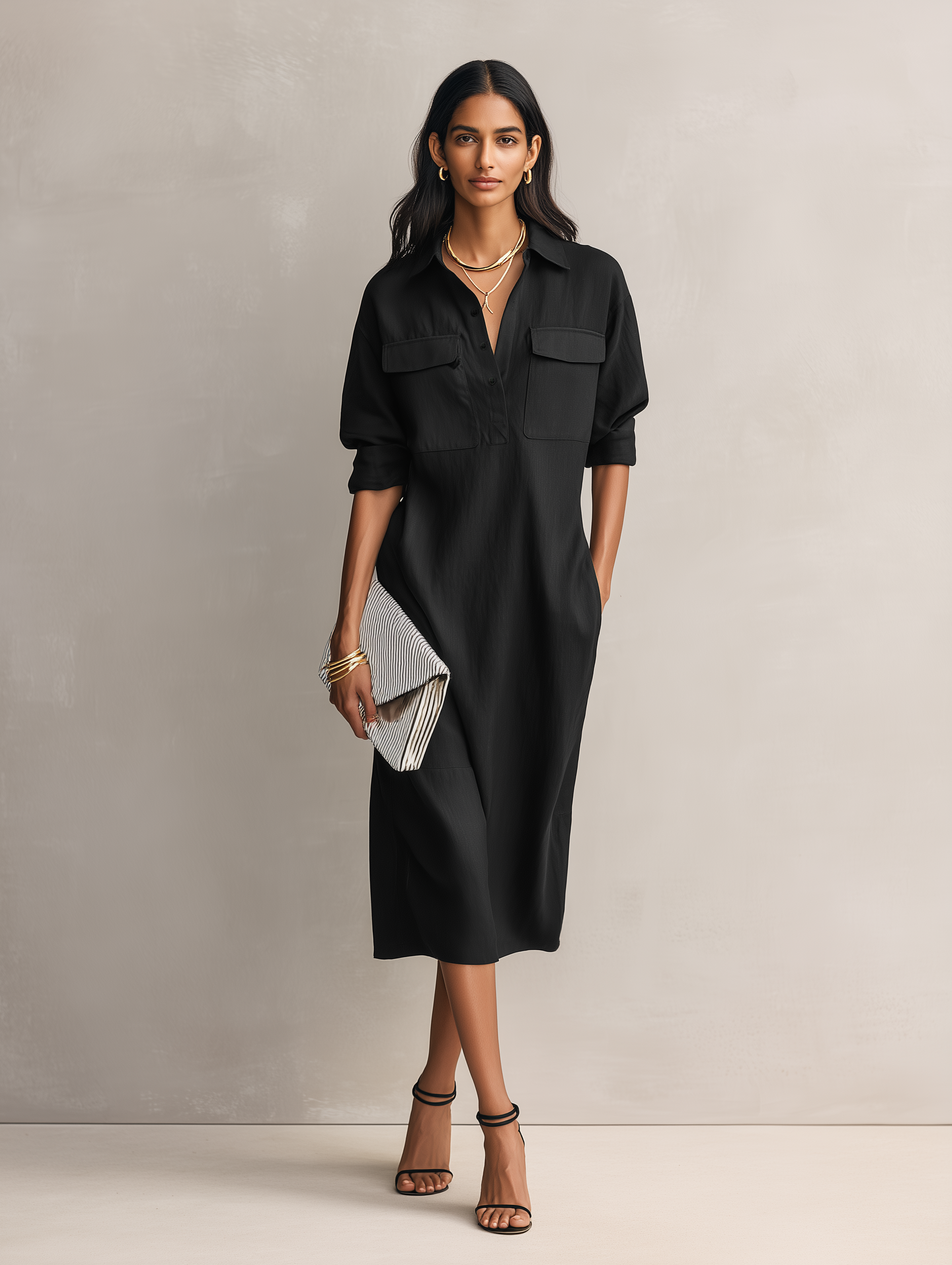 Robe midi courte à manches courtes de couleur noire, en mélange coton-lin, avec col chemise pour femmes MDZ0455C2AN