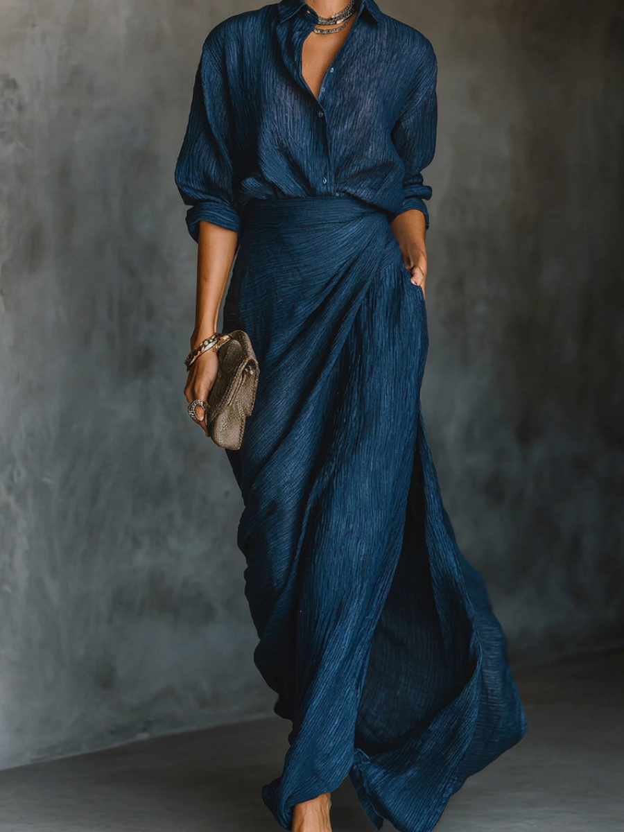 Ensemble de chemise à manches longues, col et jupe maxi plissée élégante de couleur unie