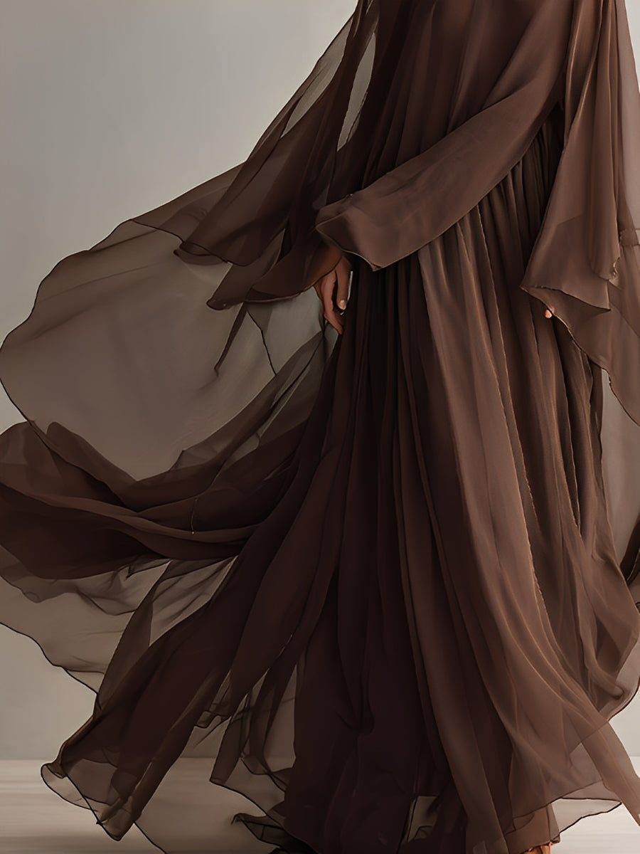 Robe en chiffon marron riche pour femmes avec silhouette maxi fluide et design comme une écharpe, robe de style moderne élégant - glamour MDA1967L4I