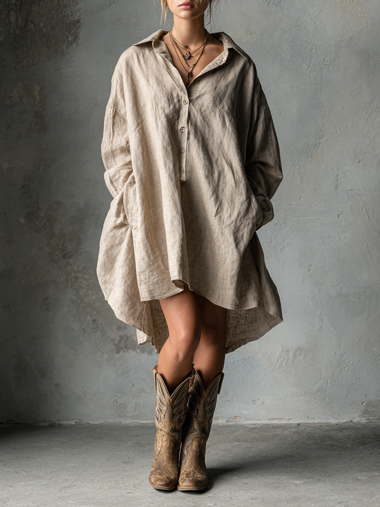 Robe mini en coton et lin loose pour femmes avec boutons et col MDA1854H2Y