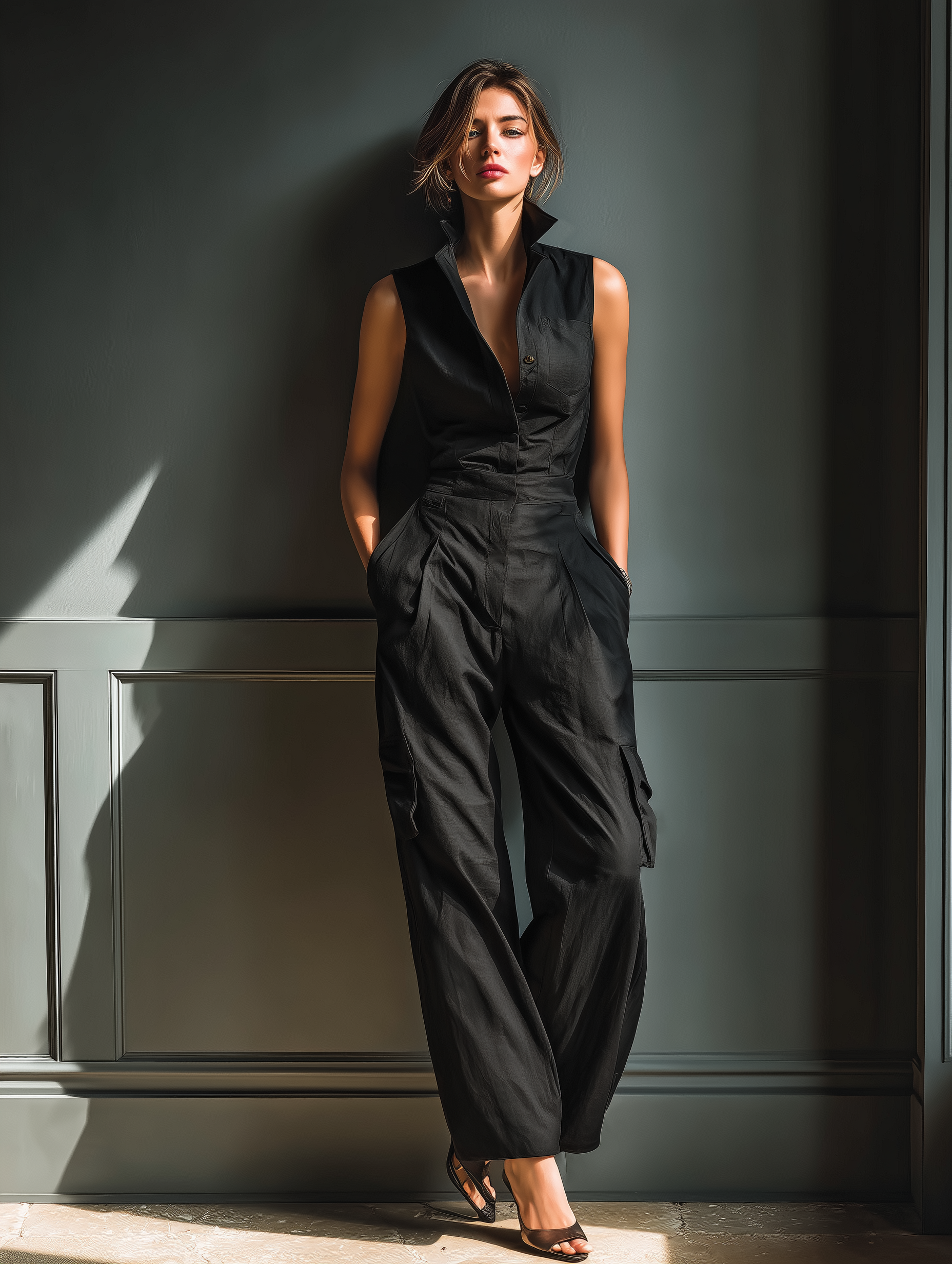 Combinaison sans manches pour femmes en noir avec poches cargo MDZ0908A3T