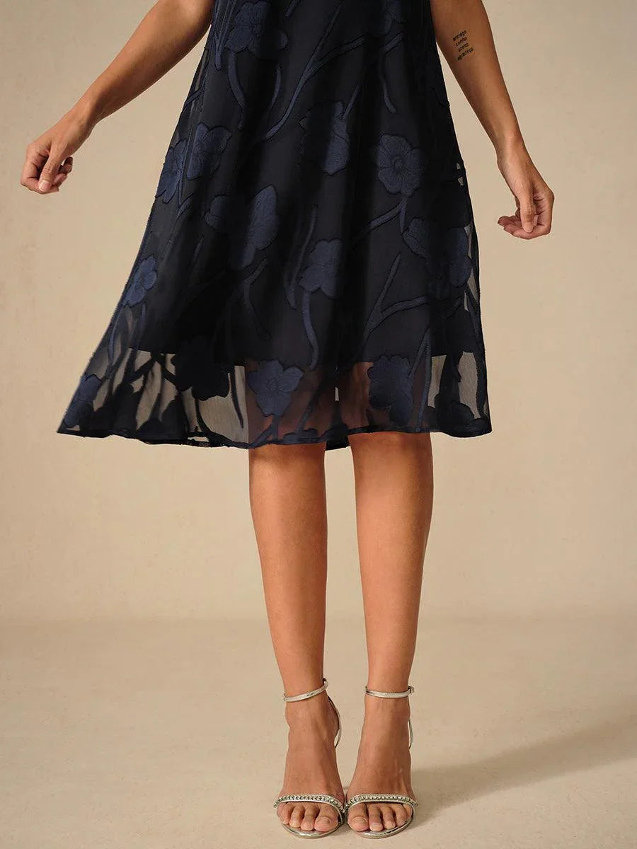 Robe A-Line en chiffon transparent avec des fleurs, longueur genou