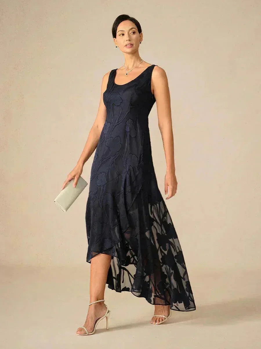 Robes de soirée sans manches en soie florale avec des ourlets asymétriques