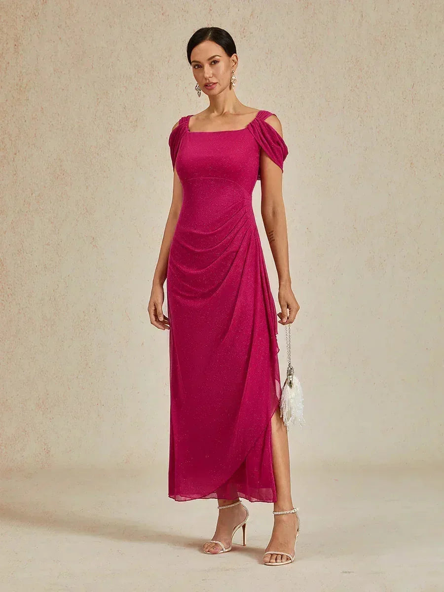 Robe en tulle scintillant à longueur cheville avec épaules dénudées