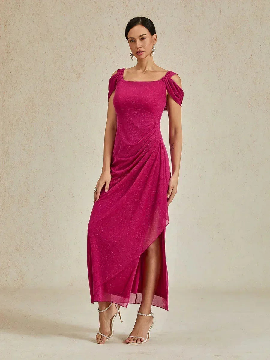 Robe en tulle scintillant à longueur cheville avec épaules dénudées