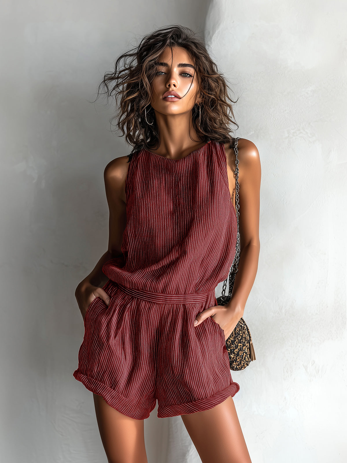 Rompers décontracté ElevenOra en noir avec des rayures en lin