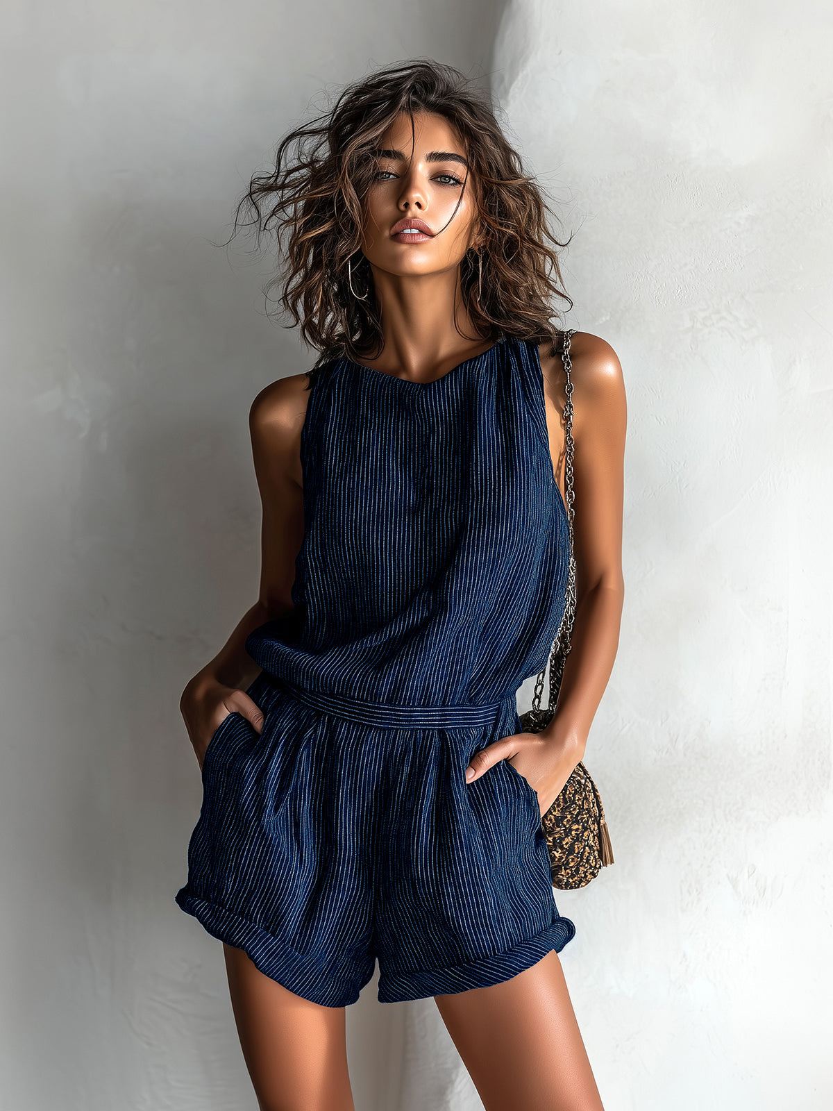 Rompers décontracté ElevenOra en noir avec des rayures en lin
