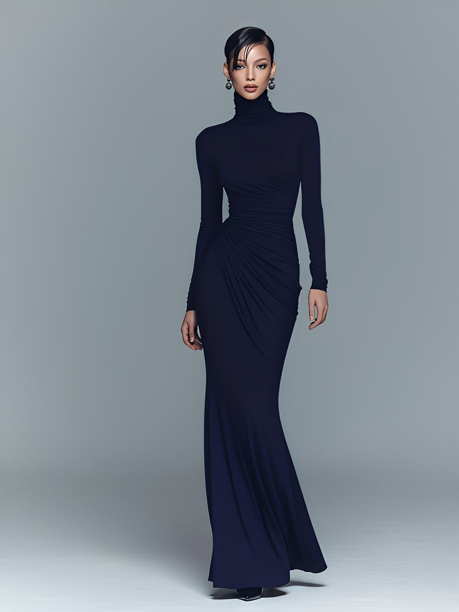 Robe maxi pour femmes en couleur marine, élégante en polyester-coton avec col montant MDA1742J1I