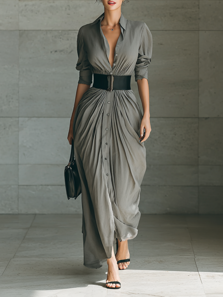 Robe maxi avec col en V et manches longues pour femmes MDA1758G1Y