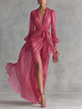 Robes longues pour femmes élégantes en chiffon rose perle avec décolleté en V et ceinture à la taille