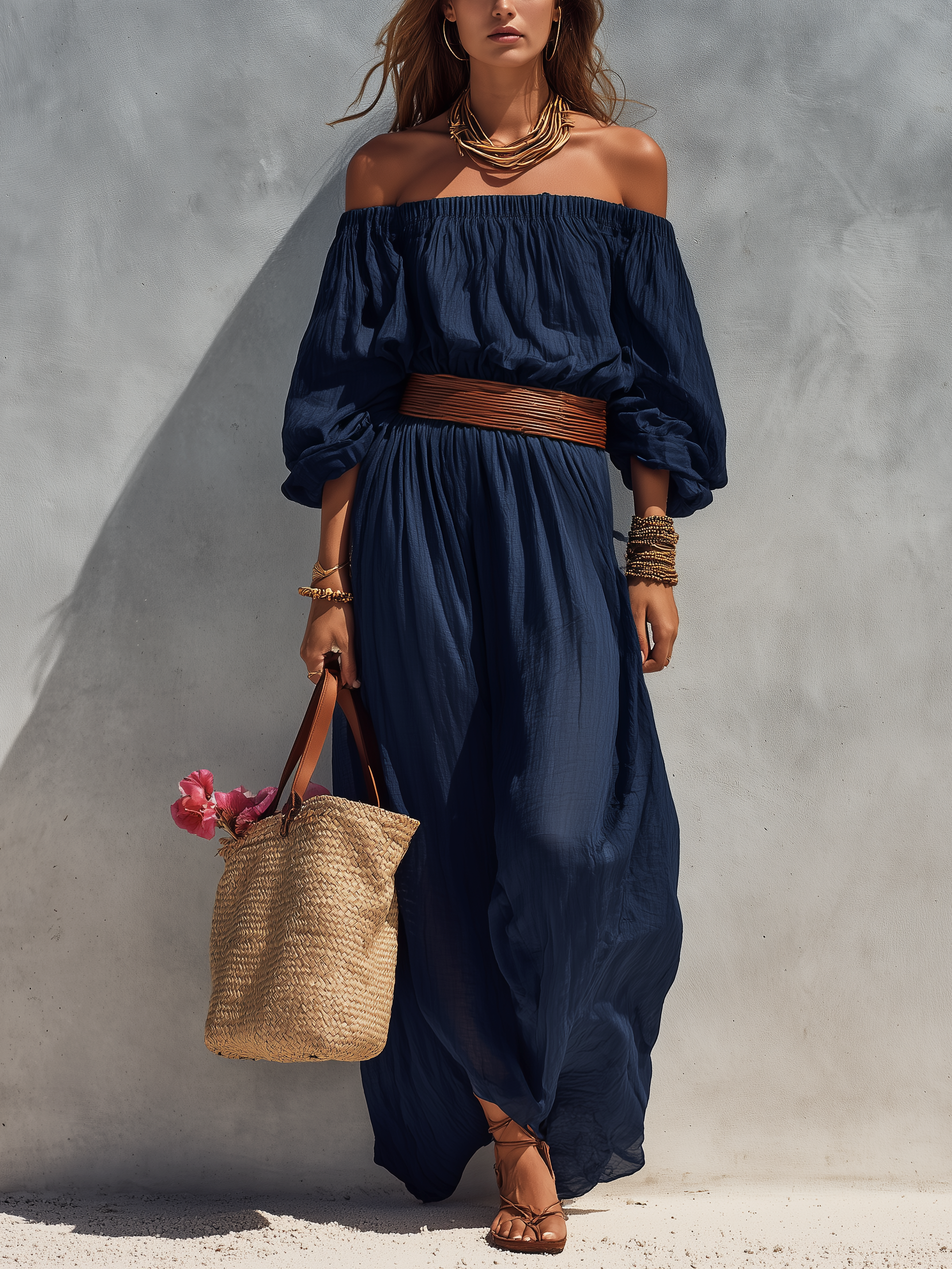 Robe d'été pour femmes en bleu marine en coton et lin sans bretelles avec manches longues (ceinture non incluse) MDZ1281C1AN