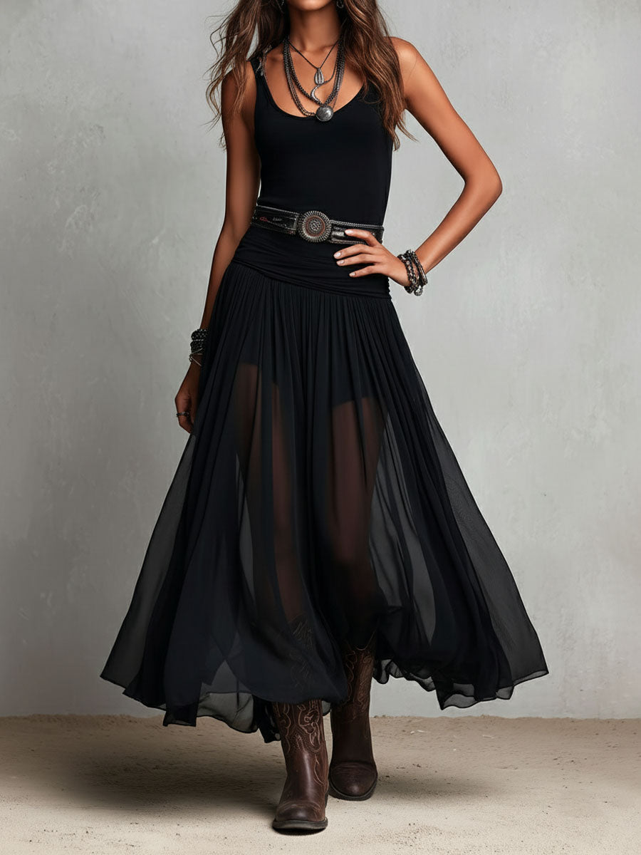 Robe maxi stretch noire boho occidental avec jupe transparente