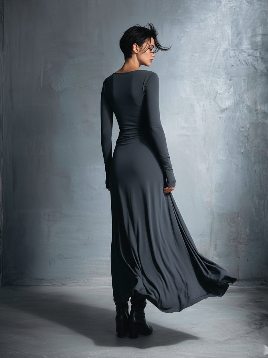 Robe maxi femme grise raffinée en tissu stretch - Robe maxi avec nœud MDA1401H9I