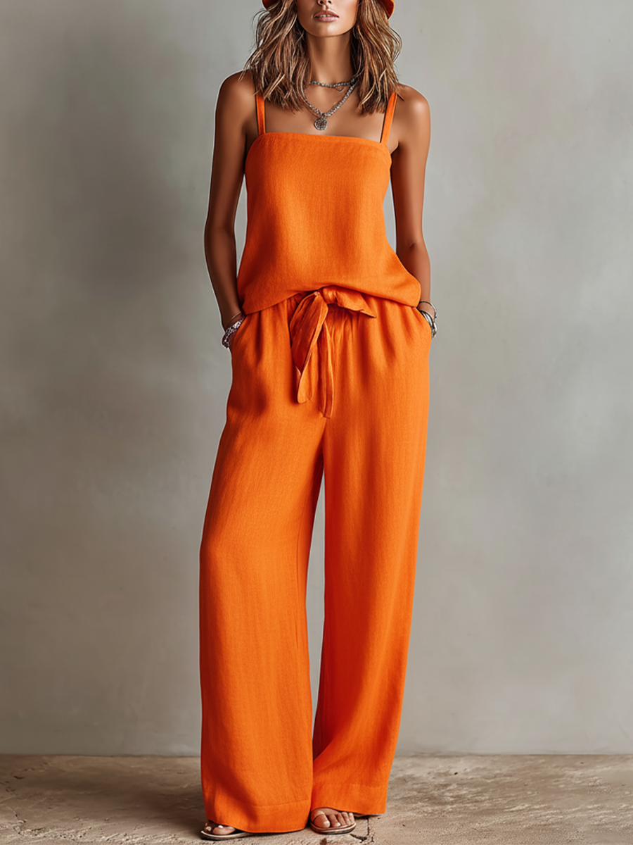 Ensemble femme orange en lin à deux pièces avec top cami à col carré et pantalon large avec ceinture, ensemble de style bohème-resort classique MDZ0825D5I