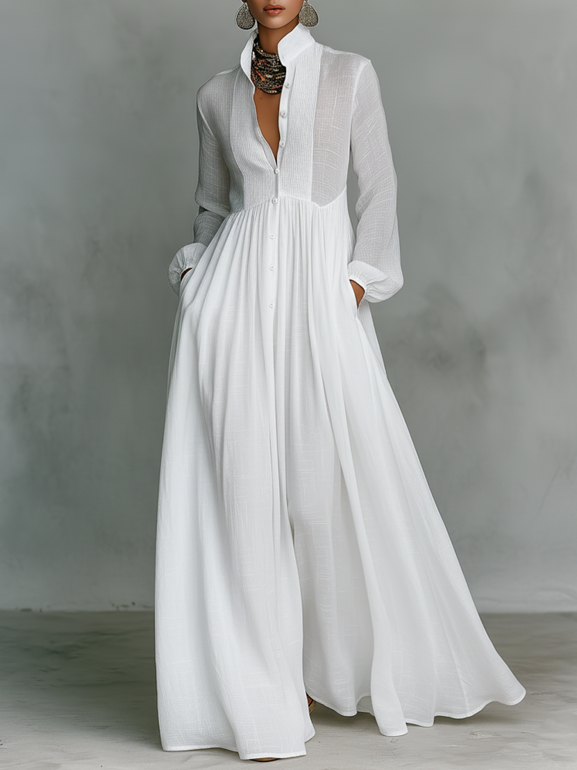 Robe maxi pour femmes au style minimaliste en mélange de coton et de lin avec des pièces de puzzle, avec un col montant et des manches longues