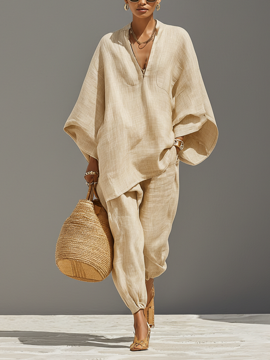 Ensemble en lin neutre pour femmes avec des bords asymétriques et un design minimaliste, style quotidien-élégant sophistiqué MDZ0501B3I