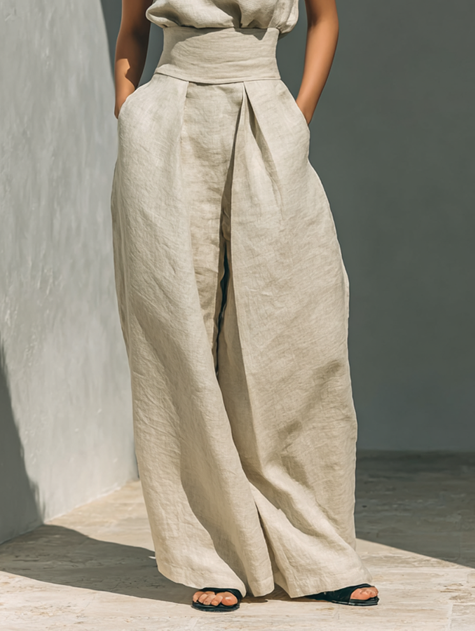 Ensemble de pantalons larges et de chemisier sans manches pour femmes en coton et lin MDZ0873A5Y