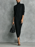 Robe midi noire élégante en maille avec col haut et manches longues, coupe douce, sans poches MDA1974L7AN