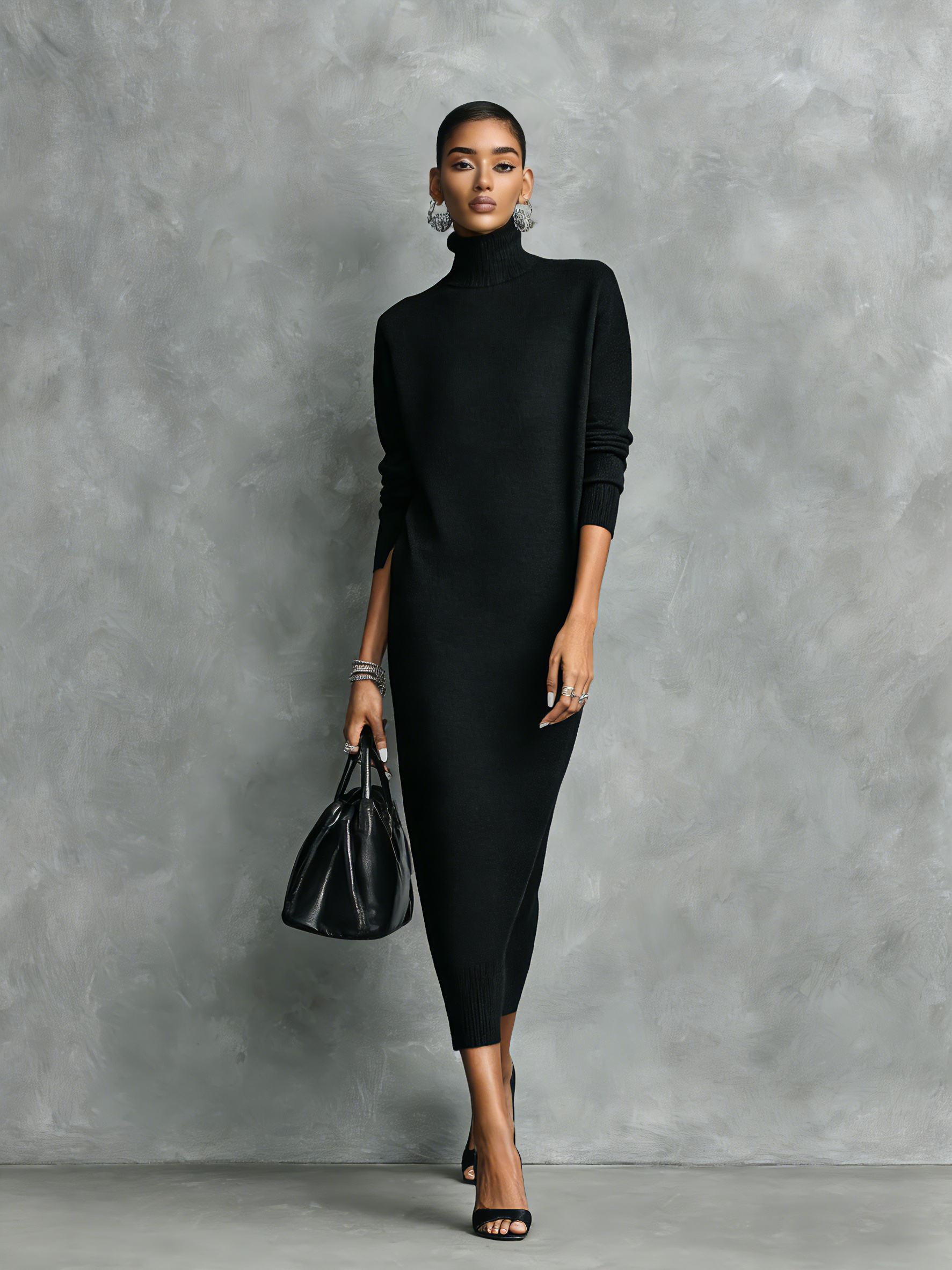 Robe midi pour femmes en noir, tricotée, avec col montant, manches longues, ample, sans poches MDA1974L7AN